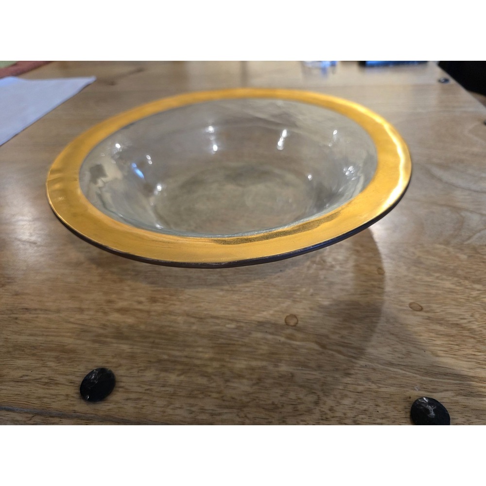Annie Glass 12" Round Gold Rimmed Serving Bowl, Signed